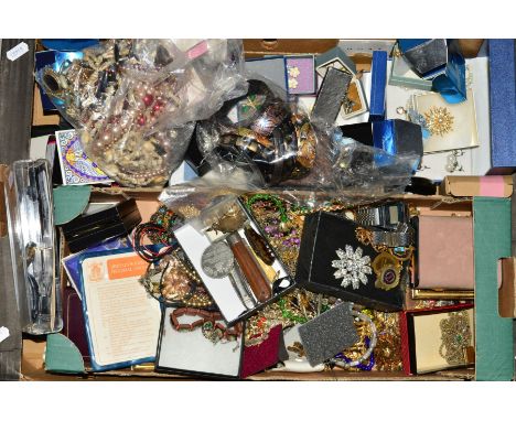 A BOX OF MAINLY COSTUME JEWELLERY, to include a pair of amethyst and marcasite ear clips, a silver enamel medallion, two Casi