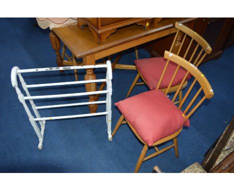 A SET OF FOUR ERCOL STYLE SPINDLE BACK CHAIRS, and a painted towel rail (5)