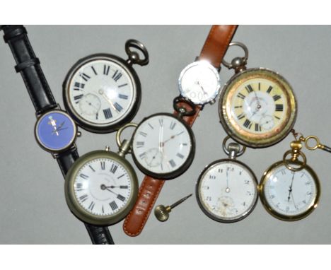 A SMALL BOX OF POCKET AND WRIST WATCHES, to include two early 20th Century open face pocket watches with white faces, black R
