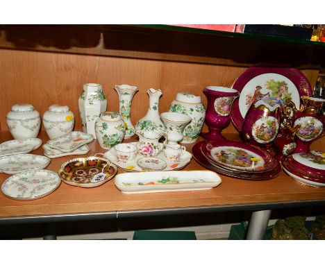 VARIOUS ORNAMENTS, VASES, ETC, to include Limoges trinkets, plates, vases, Royal Crown Derby Old Imari petal dish, '1128' gol