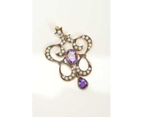 AN AMETHYST, SPLIT PEARL AND DIAMOND PENDANT, of scrolling openwork design set with split pearls and brilliant cut diamonds, 