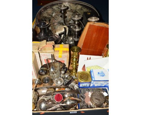 TWO BOXES OF SILVER PLATE AND OTHER METAL WARES, including boxed and cased goblets, a candelabrum, Old English pattern cutler