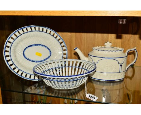 AN EARLY 19TH CENTURY WHITE SALTGLAZE TEAPOT, of oval form, the cover with scrolled finial, the teapot decorated with two pan