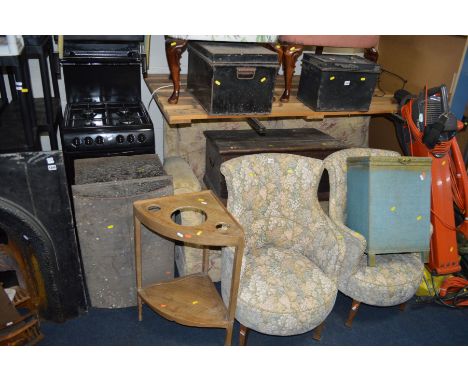 A VINTAGE WOODEN TOOL CHEST, together with a large vintage tin trunk, two deed boxes and a pine corner wash stand (5)