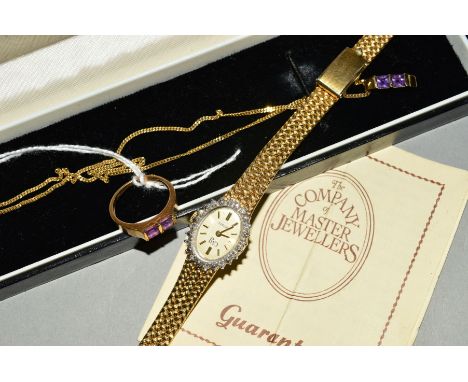 A DIAMOND SET LADY'S WRIST WATCH AND A 9CT GOLD AMETHYST PENDANT NECKLACE WITH MATCHING RING, the gold plated watch by The Co