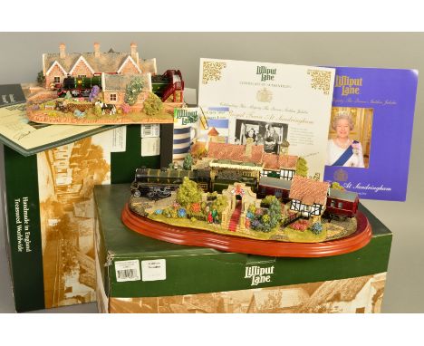 TWO BOXED LIMITED EDITION LILLIPUT LANE SCULPTURES, 'The Royal Train At Sandringham' L2517, No600/2002, on wooden plinth, wit