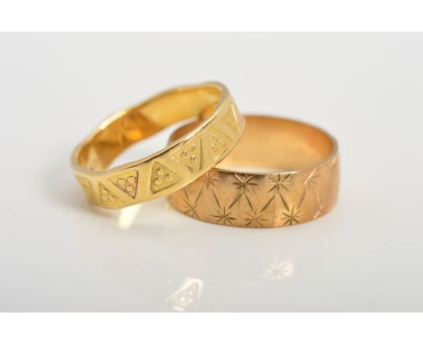 AN 18CT GOLD BAND RING AND A 9CT GOLD BAND RING, the 18ct gold ring of flat brand design stamped with a repeated trinagle des