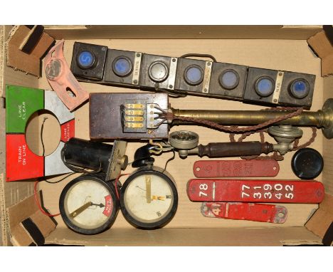 A QUANTITY OF ASSORTED SIGNALLING ITEMS, to include telephone receiver and three signal lever plates