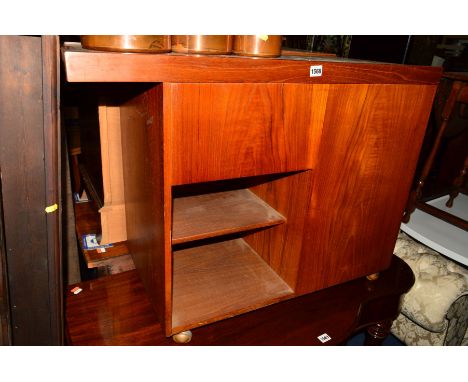 A DANISH TEAK DRINKS TROLLEY, the double sliding top revealing a red velvet interior, above a single drawer to the side with 