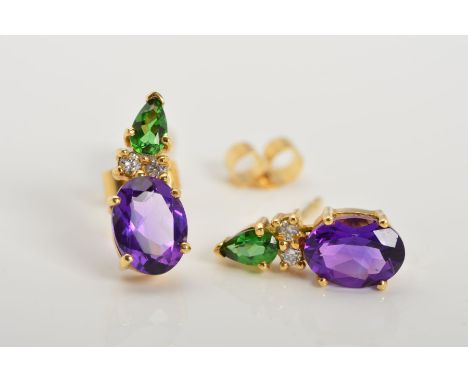 A MODERN PAIR OF AMETHYST, GREEN GARNET AND DIAMOND STUD EARRINGS, post and scroll fittings, measuring 15.2mm in length, scro