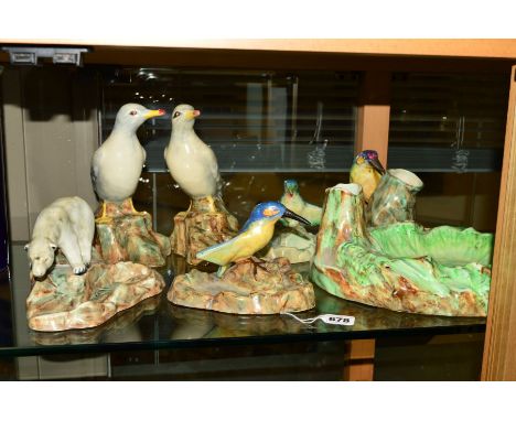 A GROUP OF RADFORD POTTERY NOVELTY DISHES, mounted with Kingfishers, Seagulls, Woodpecker, Polar Bear and Frog (7)