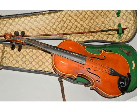 A 20TH CENTURY VIOLIN, two piece back, no label, together with a bow and in an earlier case