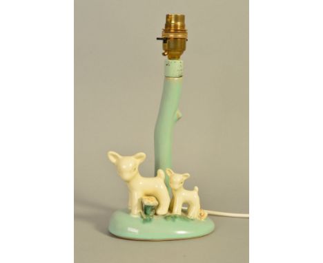 A BOURNE DENBY DANESBY WARE NOVELTY TABLE LAMP, modelled as a tree trunk with two graduating lambs and flowers, unmarked to b