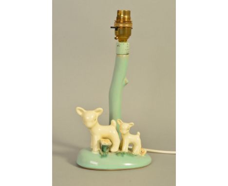 A BOURNE DENBY DANESBY WARE NOVELTY TABLE LAMP, modelled as a tree trunk with two graduating lambs and flowers, unmarked to b