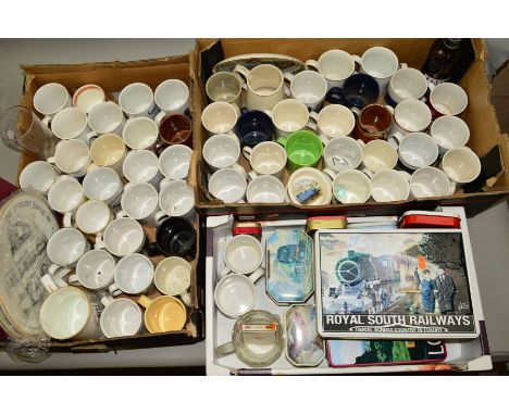 A COLLECTION OF RAILWAY RELATED MUGS AND COLLECTORS PLATES, etc, majority are souvenir mugs of railway and brewery interest, 