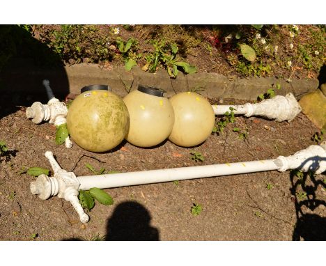 TWO WHITE PAINTED GALVANISED STREET LAMP POSTS marked 'Michael Hughes, Coventry, England Productions' with three sphere lamp 