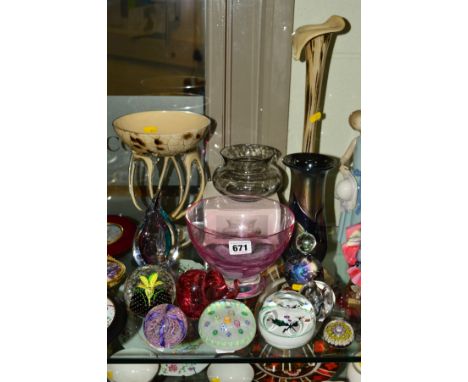 A GROUP OF GLASSWARE to include Caithness footed bowl, paperweights 'Crossed Halberds', 'Moon Crystal' and 'Flower in the Rai