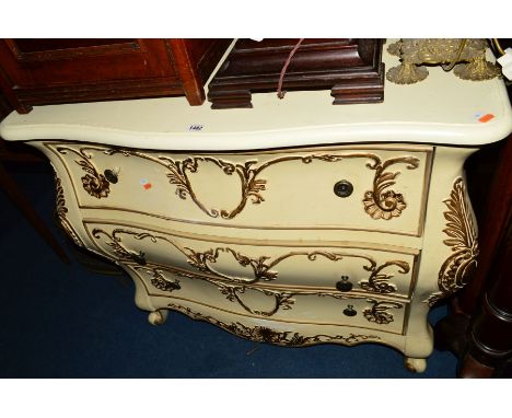 A CONTINENTAL  PAINTED BOMBE SHAPED THREE DRAWER COMMODE, width 104cm x depth 50cm x height 92cm