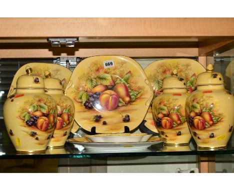 AYNSLEY 'ORCHARD GOLD'. to include three cake/sandwich plates, four covered vases (lids with Acorn finial), another plate and