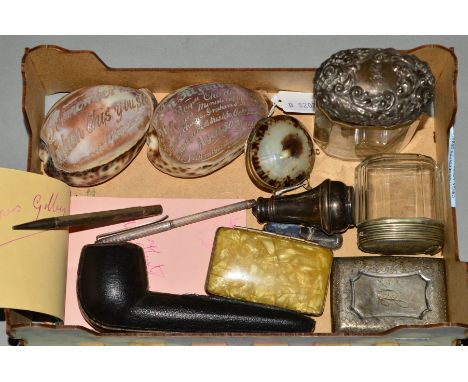 A BOX OF COLLECTABLES AND SILVER, including two Victorian/Edwardian carved shells, an Elizabeth II silver loafer shoe pin cus