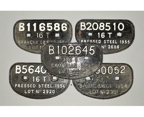 FIVE ASSORTED CAST IRON WAGON PLATES, all are repainted, raised white lettering on black background, approximate length 28cm,