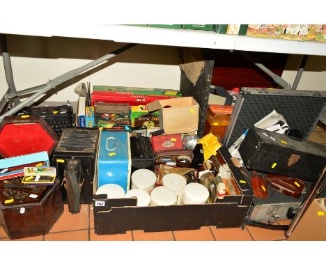 TWO BOXES, TIN TRUNK AND LOOSE SUNDRY ITEMS, to include cased 'Imperial' typewriter, two boxed harmonicas (Echo and Bandmaste