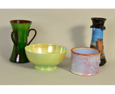 A SMALL GROUP OF POTTERY to include a Moorcroft iridescent green bowl, some wear to the ground, approximate diameter 20cm, Ro