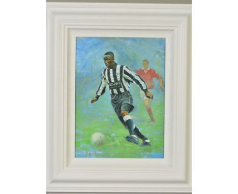 CRAIG CAMPBELL (BRITISH CONTEMPORARY) 'ANDY COLE', a portrait of the footballer wearing Newcastle United kit, signed bottom r