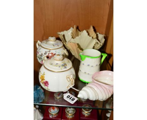 FIVE PIECES OF WORCESTER, to include a pair of Royal Worcester covered twin handled sugar bowls decorated with floral sprays 