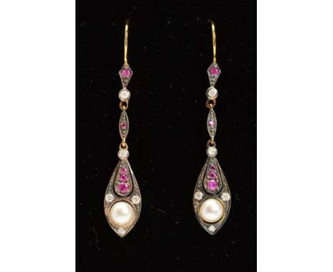 A PAIR OF RUBY, DIAMOND AND CULTURED PEARL DROP EARRINGS, each designed as a pear shape panel set with a cultured pearl withi