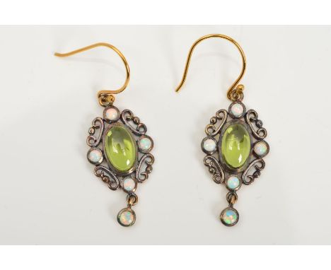 A PAIR OF PERIDOT AND OPAL DROP EARRINGS, each designed as a central oval peridot cabochon within a scrolling surround set wi