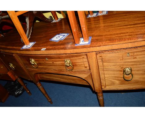 A GEORGE IV MAHOGANY, SATINWOOD BANDED AND INLAID BOW FRONT SIDEBOARD, fitted with single drawer above arched secret drawer, 