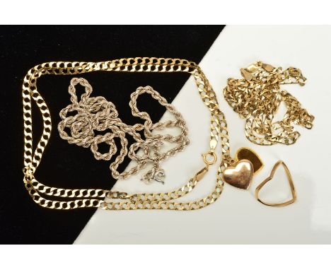 TWO 9CT GOLD CHAIN NECKLACES, A FURTHER CHAIN NECKLACE, A PENDANT AND A 9CT GOLD RING, the two 9ct gold necklaces designed as