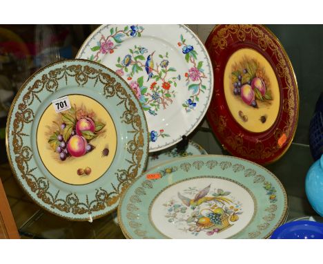 FIVE AYNSLEY CABINET PLATES, to include two 'Orchard Gold' signed D.Jones, diameter 27cm, a 'Pembroke' plate and two others (