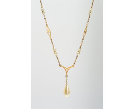 AN IMITATION PEARL PENDANT NECKLACE, designed as a pear shape imitation pearl drop suspended from an openwork triangular pane