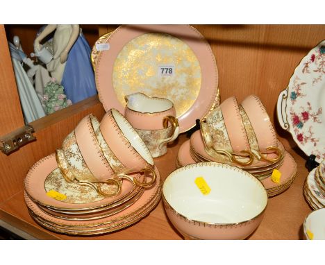 SHELLEY PART TEA SET c.1930, No 12822/59, Henley shape, cream and pink with gilt decoration, comprising cake plate, milk jug,