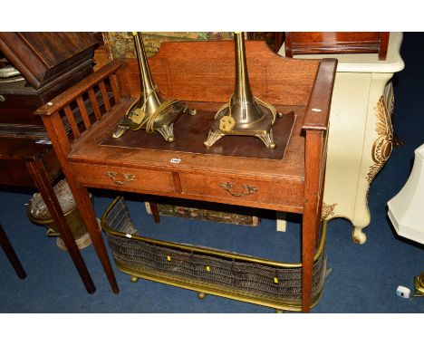 AN ARTS AND CRAFTS OAK DESK, with a raised back and slatted sides, brown leather top and two drawers on square tapered legs, 
