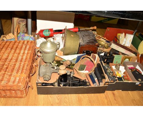 FOUR BOXES OF COLLECTABLES AND SUNDRIES, including vintage kitchen equipment, lace maker's bobbins, paper parasols, drawing i