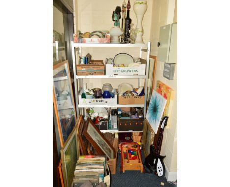 TEN BOXES AND LOOSE SUNDRY ITEMS, to include ceramic and glass, travel books, paintings, prints, LP records, childrens toys e
