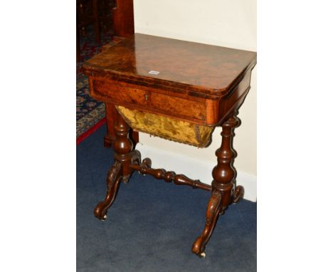 A VICTORIAN WALNUT, SIMULATED WALNUT AND BURR WALNUT GAMES AND WORK TABLE, the hinged rectangular swivel top opening to revea