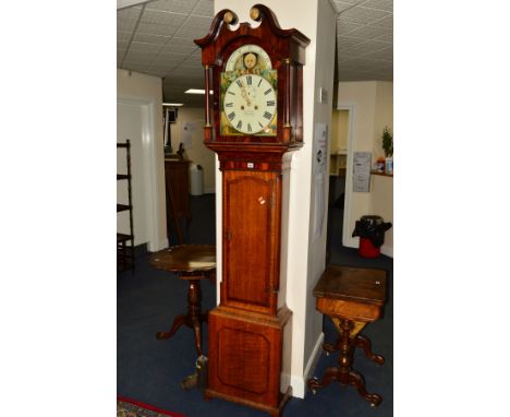 A GEORGE III OAK, MAHOGANY AND PARQUETRY INLAID 8 DAY LONGCASE CLOCK, swan neck pediment, the hood flanked by cylindrical col