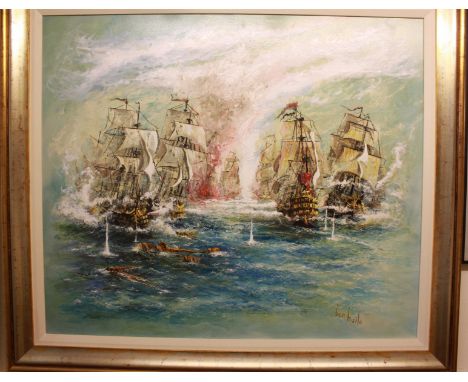 After Ben Maile, "Friday 21st 1805," battle scene from Trafalgar, signed, oleograph with applied oil paint, on canvas, 72cm x