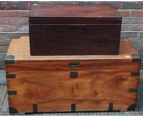 A metal-bound camphor wood blanket box, 107cm wide, together with a small stained mahogany trunk, 71cm high