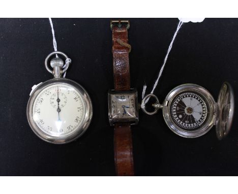 An early 20th century silver wristwatch, with 15-jewel Swiss movement, square case with sunburst dial with Arabic numerals, E