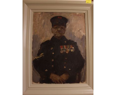 Patrick Larking (20th century), "Remember Balaclava,"  half-length portrait of a Chelsea Pensioner, in uniform and wearing fu