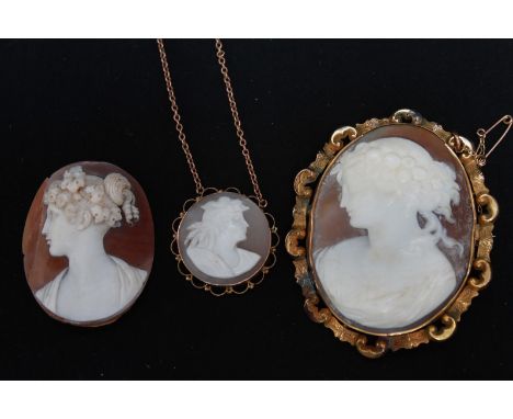 A large Victorian carved shell cameo of a young lady in a gilt metal mount, together with an un-mounted cameo portrait (AF), 