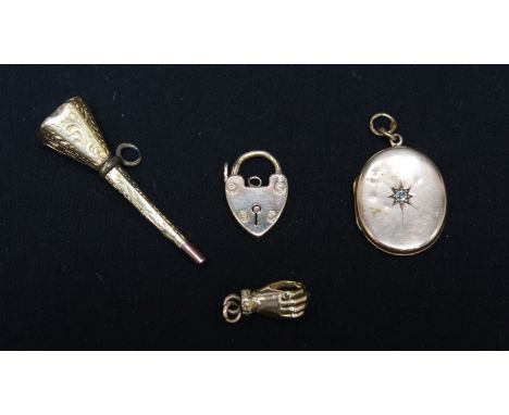 A 9ct gold and diamond oval locket; an amethyst mounted miniature pencil; a 15ct gold padlock clasp; and a Victorian hand cha