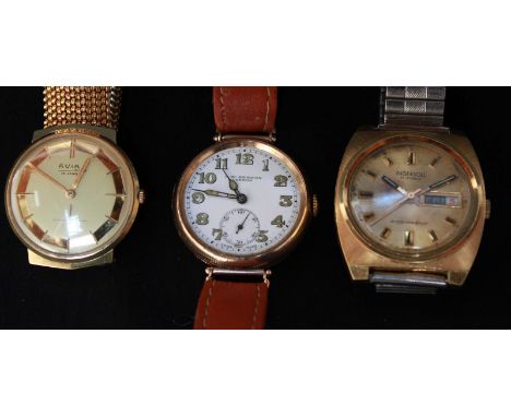 A 1940s 9ct gold J.W. Benson wrist watch, with white enamel dial and luminous numerals with subsidiary seconds dial, lacking 