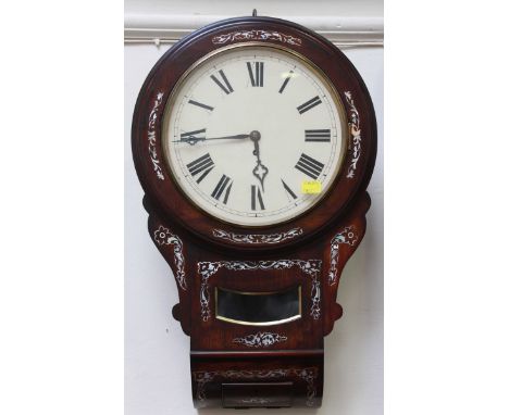 A Victorian rosewood and mother of pearl inlaid drop dial wall clock, with fuse movement, the cream painted dial with black R