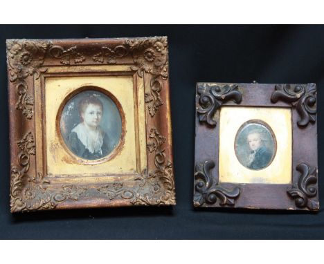 A 19th century miniature portrait of a young boy, possibly on ivory, in a gilt frame, together with a printed miniature portr